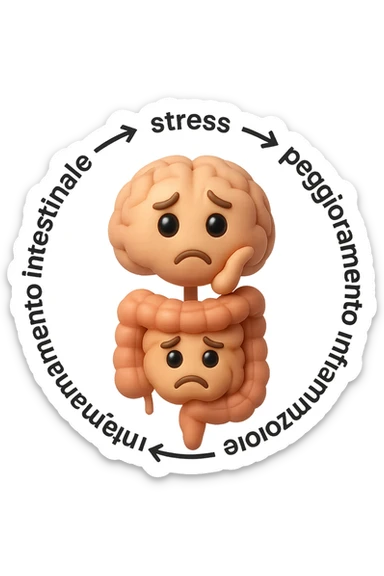 EMOJI STILE IPHONE 3D DI un cerchio con queste scritte che girano intorno "stress → peggioramento intestinale → aumento infiammazione → peggioramento sintomi intestinali e sistemici." al centro del cerchio metti un cervello e intestino umani collegati verticalmente con espressione dubbiosa in volto, FALLO MOLTO REALISTICO IN 3D sticker