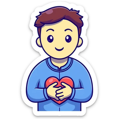 cartoon psychologist character hugging or holding a soft heart in front of chest, warm and gentle expression, pink red yellow palette sticker
