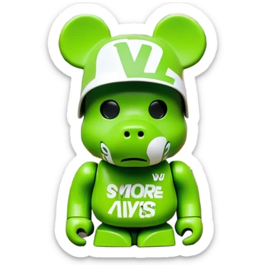 classic bearbrick figure with lime green mask filled with overlapping brand logos in wild graffiti style, street art aesthetic, many random logos like LV, Supreme, Nike all over the mask, bold eyebrows sticker