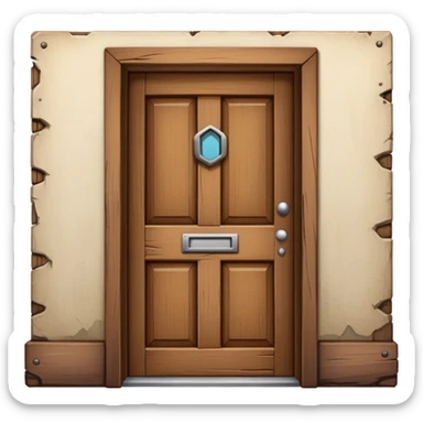 a brown door that says I'M OUT on top sticker