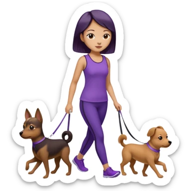 Chinese woman wearing purple top and black leggings walking 1 small brown dog sticker