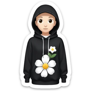 The BLACK Hoodie has a solid black base, accented with distinctive white open flower spots. Each flower has an empty space in the center, creating a hollow, ring-like appearance. These patterns are scattered across the hoodie for a bold and unique design. sticker