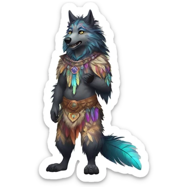 Anthro Fluffy Colorful Shy Spiritual Shamanic WereWolf-sona With Shiny Tribal Markings wearing feathers Full Body sticker