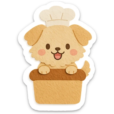 chibi bread maker-dog hybrid, fluffy, peeking from a bread loaf, cheerful, warm beige, full-body sticker