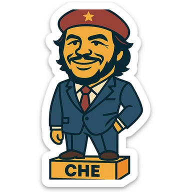 statuette of Che Guevara in a suit and tie, big head, confident smile sticker