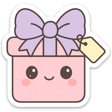 Add a small gift tag attached to the bow, keep the kawaii style, no background. sticker