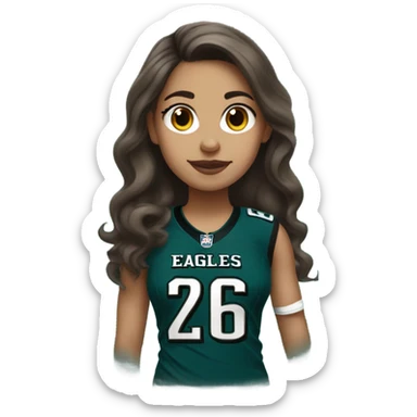 girl with brown hair wearing Philadelphia eagles jersey with number 26 sticker