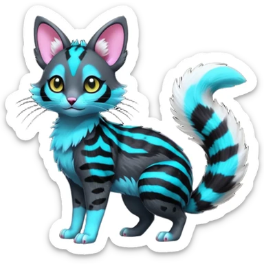  cute adorable pitch-Black-coated fur with glowing bioluminescent random colorful neon-markings divine beautiful elegant pretty precious cute young youthful  Fakémon-Pokémon-alien-opossum-feline-serval-caracal-chinchilla-Minccino-hybrid-creature with a big fluffy bushy striped tail (full body) sticker