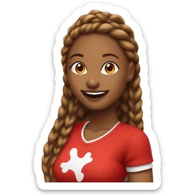 Light brown lady smiling,  medium brown very long African braids, bright red lips, eyelashes, wearing red “happy Valentine’s Day” t shirt sticker
