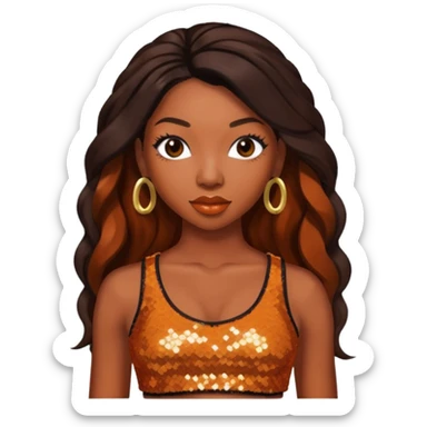 Brandy Norwood with long dark brown hair, sequin burnt orange crop top sticker