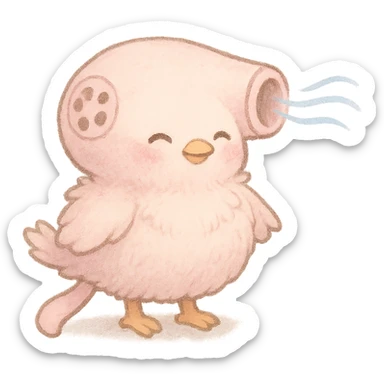 chibi hair dryer bird, soft fluffy, blowing gentle air, happy face, soft pink, full-body sticker