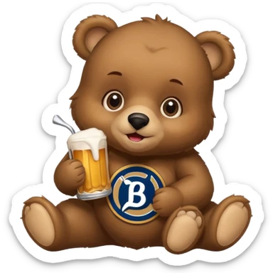 Baby Bear eating the brewers logo sticker