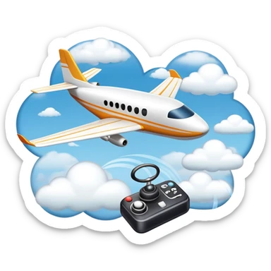 An icon featuring a remote-controlled model airplane soaring through the sky and clouds, with a detailed transmitter in the foreground. The sky is clear with motion lines showing flight. Transparent background emphasizes the precision, creativity, and joy of aeromodelling as a sport. sticker