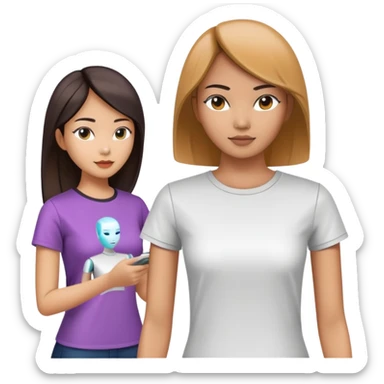 asian female clothing designer dressing normal T shirt, designing futuristic clothing on a headless mannequin sticker