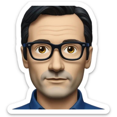 photo realistic Ralf Hutter from Kraftwerk, short straight black hair, black glasses, Dark Blue T-shirt sticker