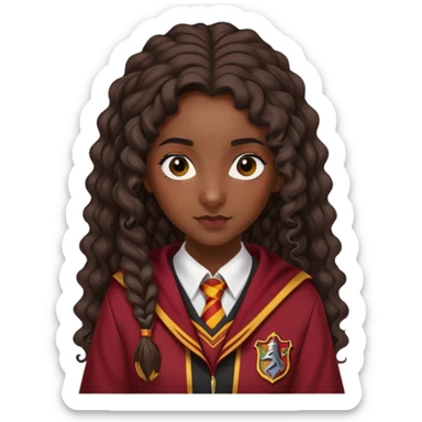 Alicia Spinnet in harry potter, wear hogwarts gryfindor uniform, long, dark, curly ponytail hair, dark skin sticker