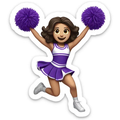 Caucasian cheerleader with long dark brown hair, jumping and holding up two purple Pom poms, small full body emoji sticker