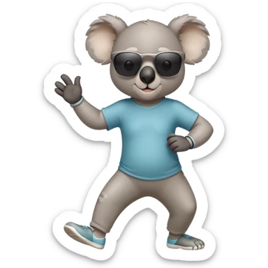 friendly anthropomorphised koala in casual clothing, wearing dark sunglasses, jogging upright in standard pose sticker