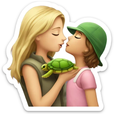 European girl kisses little turtle sticker