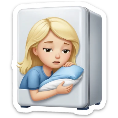 Blond girl trying to sleep next to a refrigerator  sticker