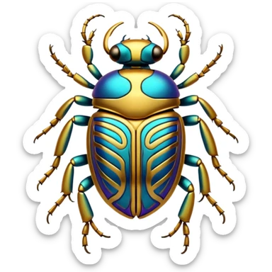 gold, shiny ancient Egyptian-styled holy metal scarab with intricate colorful markings and patterns sticker