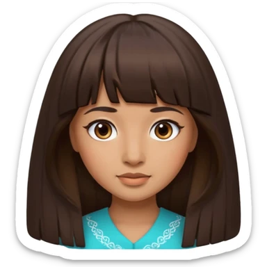 In Apple Memoji format, a girl with dark brown hair. She has bangs and her hair is long. The girl has light brown skin and arab ethnic features sticker