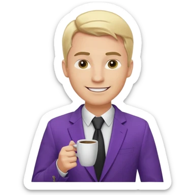 Confident and outgoing male entrepreneur, Caucasian features, blonde hair, big friendly smile, expressive eyes, defined eyebrows, wearing a purple blazer over a black shirt, holding a smartphone in one hand and a coffee cup in the other, waist-up, front-facing sticker