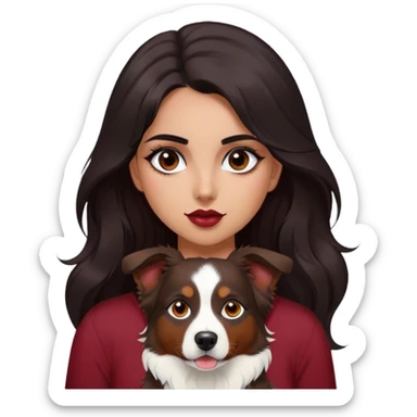 One latina girl with long beautiful dark hair and dark eyes in a dark red v neck and makeup with a black brown and white tri Australian shepherd large sticker