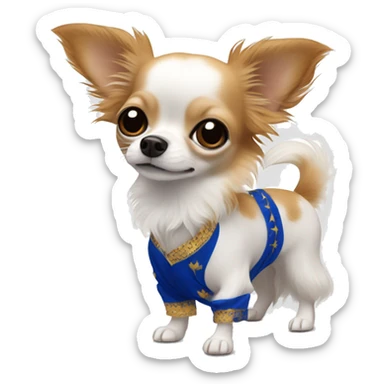 Long-haired white Chihuahua with reddish brown markings wearing royal blue pajamas sticker