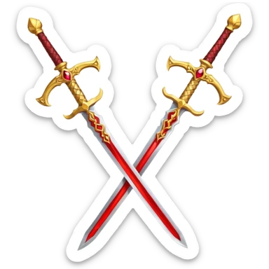 Two crossed swords that are golden in blade and handle and have fiery and royal appearence to them as well as red gem stones yellow in color sticker