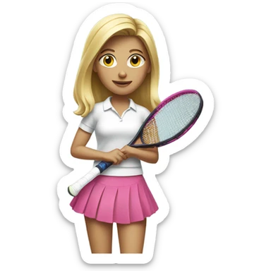 Blonde girl wearing white shirt and pink skirt holding a tennis racquet  sticker