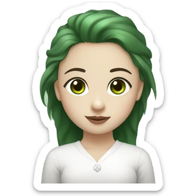 white spitz with green eyes in the arms of a girl. the girl has dark hair, light strands near her face. green eyes, wide eyebrows sticker