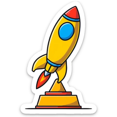 Golden rocket achievement award, shiny gold rocket on a trophy stand sticker