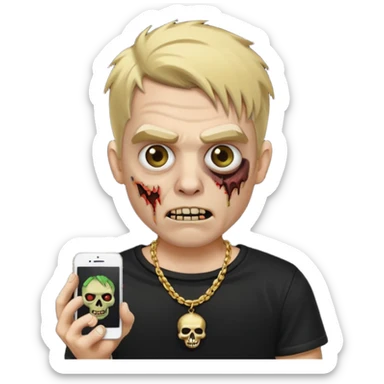 make a iphone emoji who is a zombie man with medium blonde hair with light brown roots, with a black punk shirt and a golden neckless sticker