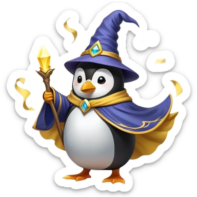 "A wizard penguin with a yellow hat and a long, flowing cape. The penguin is floating slightly above the ground, surrounded by swirling magical energy and glowing runes in the airyellow wizard hat sticker