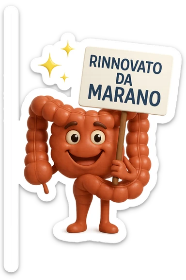 fammi un intestino identico a questo, ma felice e con le scintille di splendore dorate sopra, si sta rinnovando come se fosse in ottima salute, in mano ha un cartello con la scritta "RINNOVATO DA MARANO" sticker