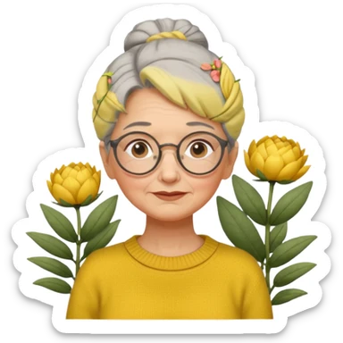 Abuela con cabello canoso en moño, expresión tierna, gafas redondas, suéter amarillo y detalles relacionados con plantas. Estilo amable y acogedor. sticker