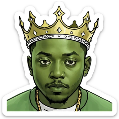 Peepo emoji of Kendrick Lamar as a king, cute face, royal crown, joyful and expressive sticker