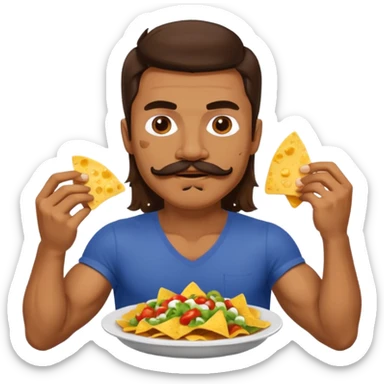 ripped guy with his shirt off and long hair and mustache eating nachos sticker