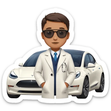 White tesla model 3 with a physician with sunglasses next to it sticker