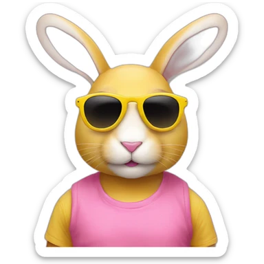 pink+rabbit wearing sunglasses and yellow+teeshirt sticker
