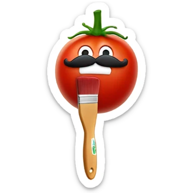 Tomato wearing a fake mustache holding a paint brush with its mouth open  sticker