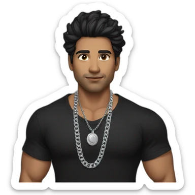 A strong Indian man wearing men silver chain,styled on a Full sleeve black tshirt,black hair white skin sticker