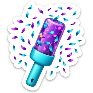 glowing confetti popper emoji, purple and cyan colors, emitting confetti and sparkles, vibrant celebration atmosphere sticker