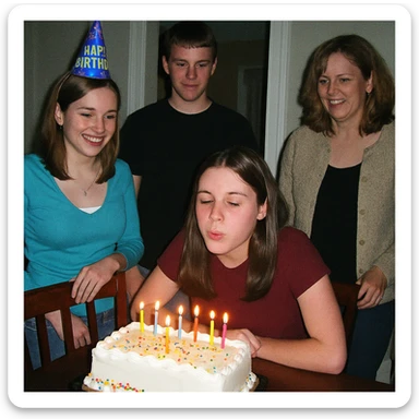 early 2000s digital camera style photograph of a birthday party, low quality, harsh flash, visible noise, candid moment, people around a cake sticker