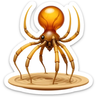 A quadrupedal being with a body of compressed amber sand that solidifies into glass-like plates at its joints, featuring hollow chambers within its torso where small dust devils perpetually swirl.

 sticker