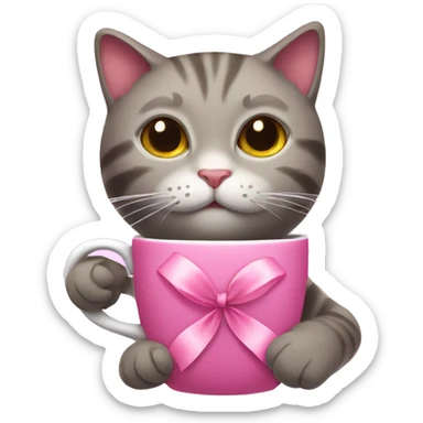 Cat with a pink ribbon drinking coffee sticker