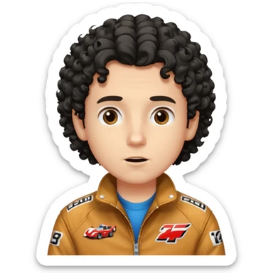 White Boy with curly black hair shoulder length wearing a race car jacket modern looking into the camera with amazement  sticker