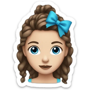 Girl with blue eyes brown hair and a messy ponytail with a black bow sticker