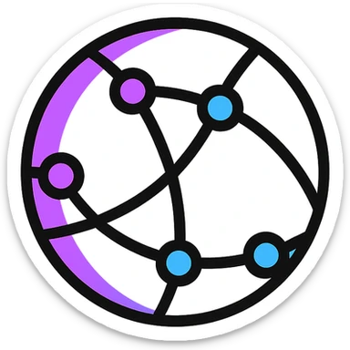minimalist abstract icon of a global internet network, circular web of neon violet and blue lines connecting points, radiating from center, on white background, designed for clarity at small size sticker